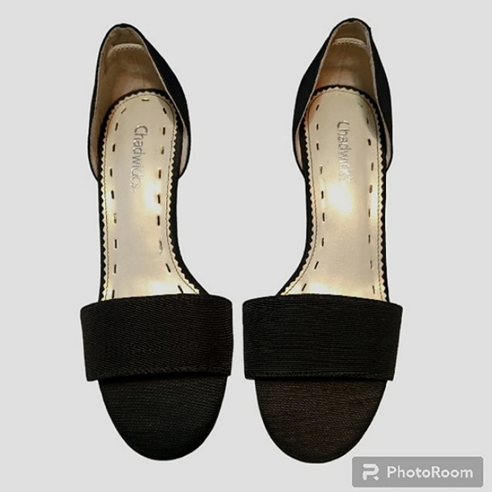 Chadwick's Leather Outsole, Fabric Upper, Open Toe, Black Heels. Size 7M